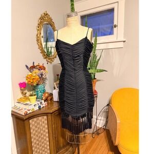 Vintage 1970s / 80s Midnight Glo Black Ruched Spaghetti Strap Tassel Mini Dress